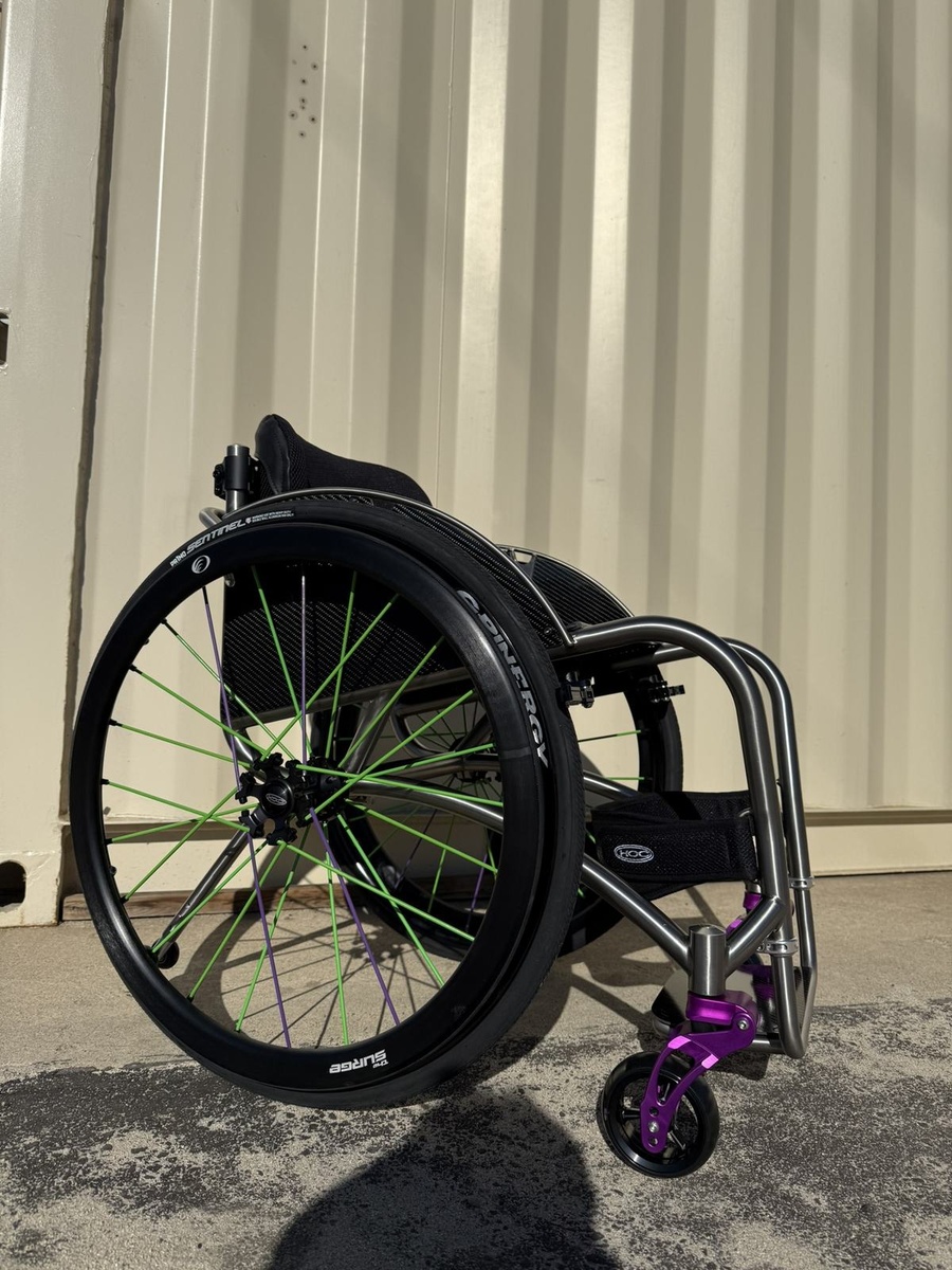 A custom HOC wheelchair configured around its rider.