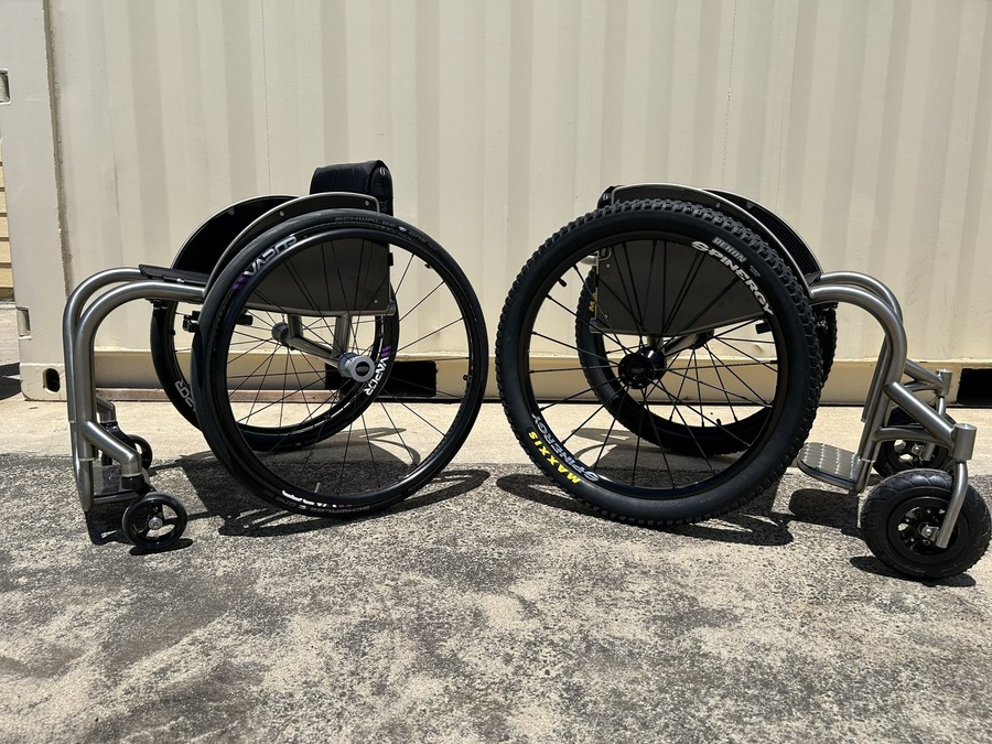A custom HOC wheelchair configured around its rider.
