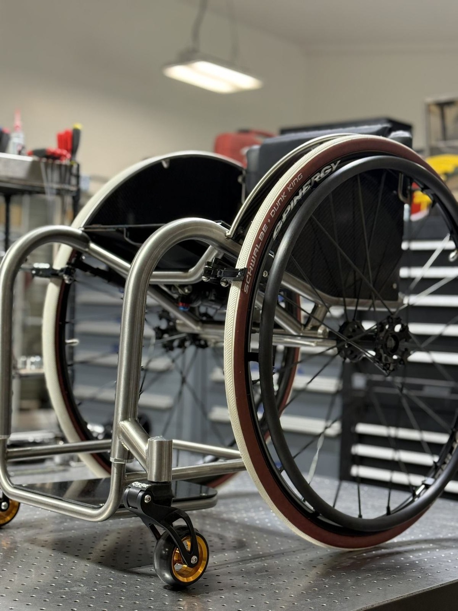 A closer look at HOC wheelchair components and fabrication details.