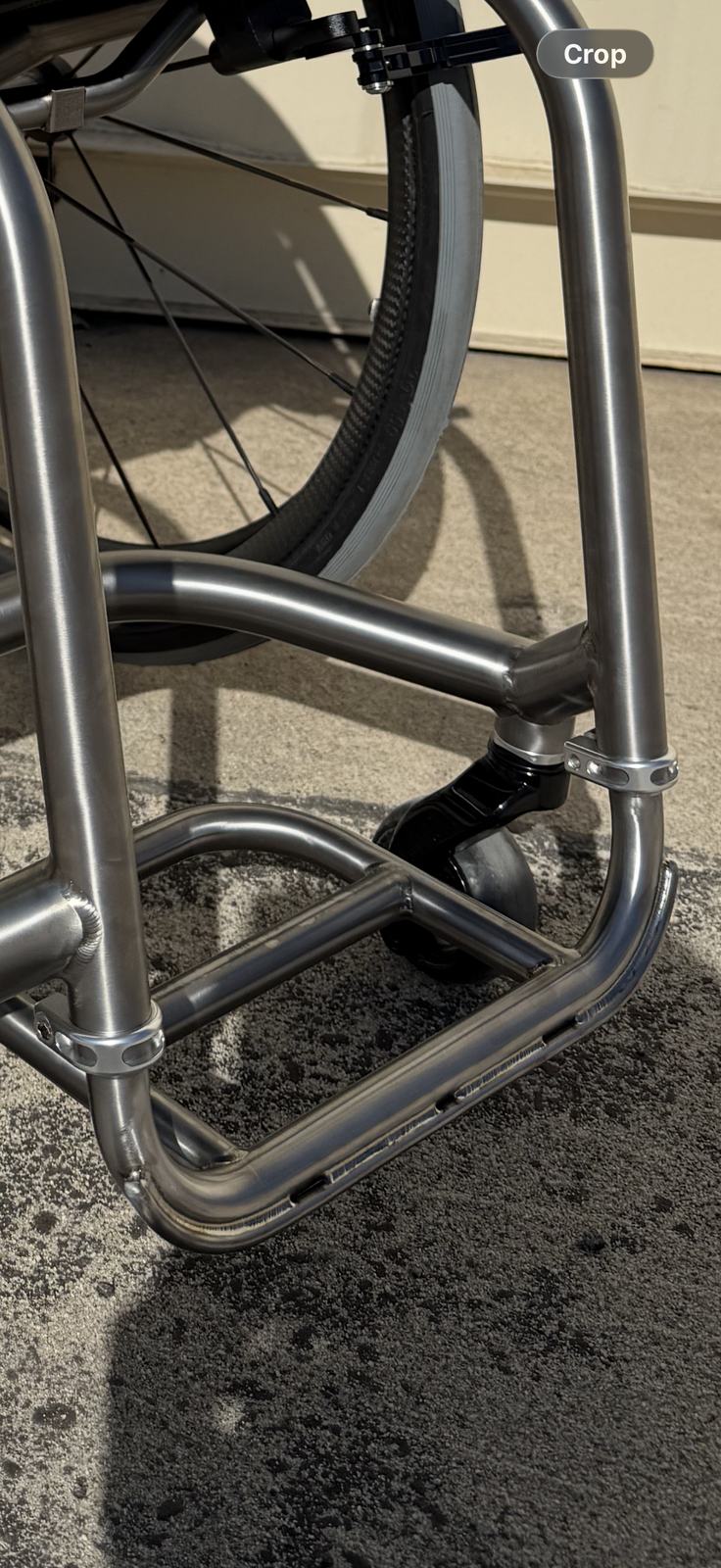 A closer look at HOC wheelchair components and fabrication details.